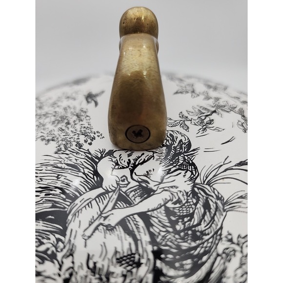 Tabletops Unlimited Pot with Lid Brass In English Toile Enameled Pattern 9"x 5" - Picture 15 of 16